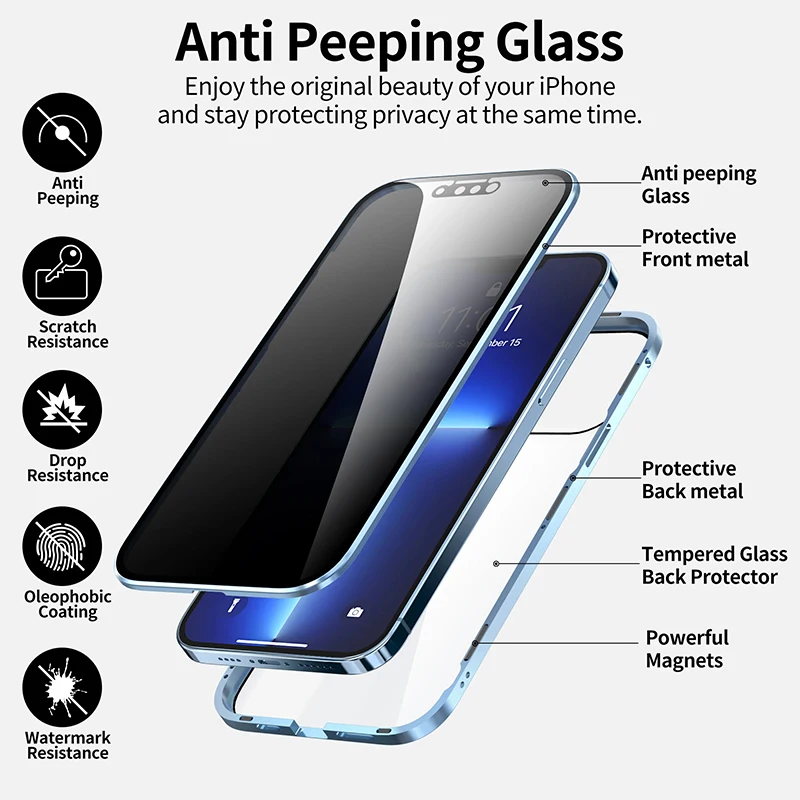 Anti Spy Privacy Glass Case - Capa Magnética de Metal com Vidro