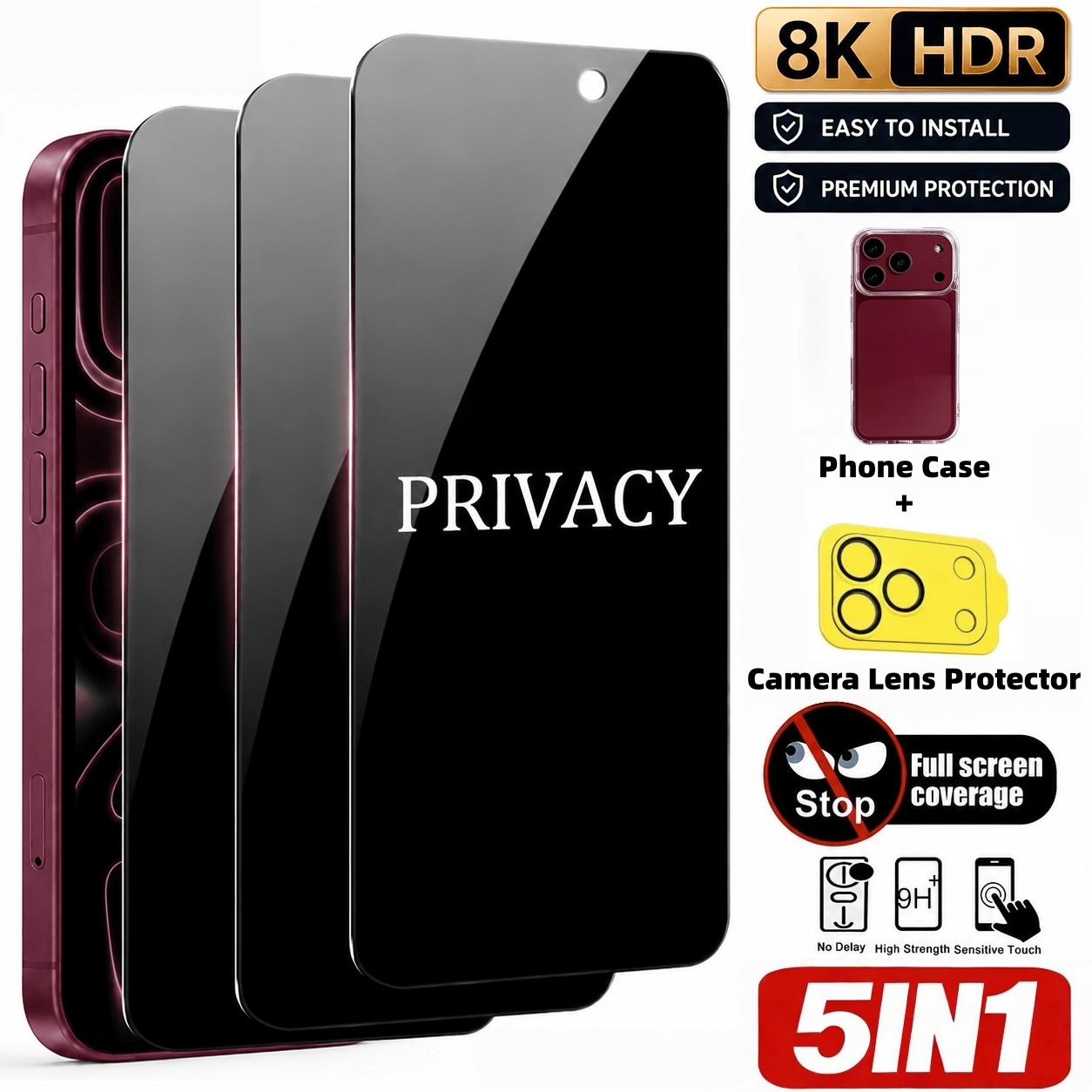 Anti Spy Privacy Glass Case - [Conjunto de 5 Peças] 3 Protetores